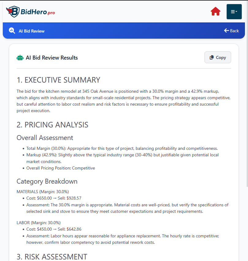 BidHero AI Review - showing automated estimate review and suggestions