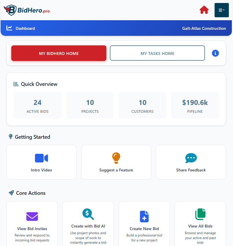BidHero Contractor Dashboard - Real product screenshot showing bid management interface
